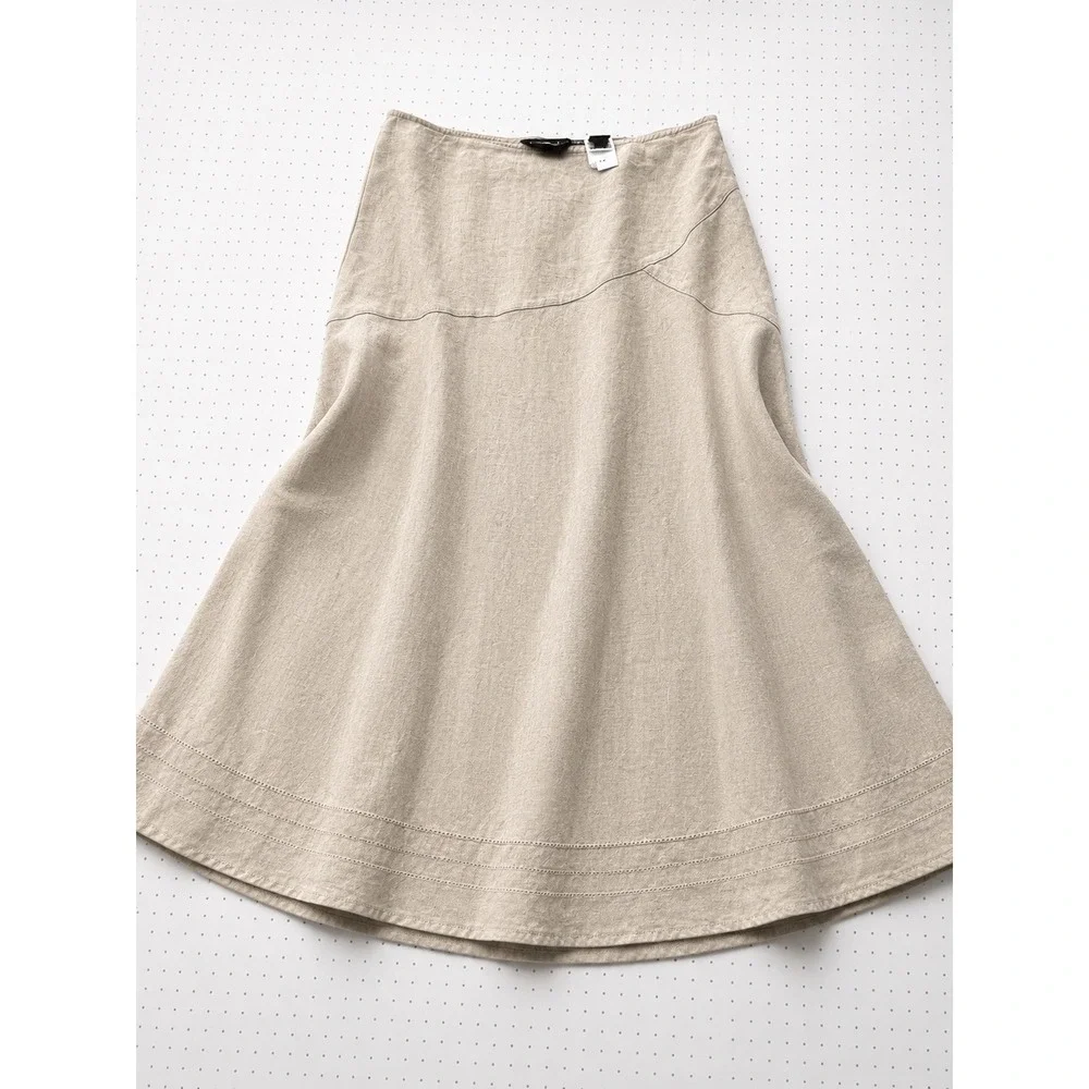 Eddie Bauer Tan 100% Linen Midi Skirt Beige A-Line 8 High Waist Minimalist